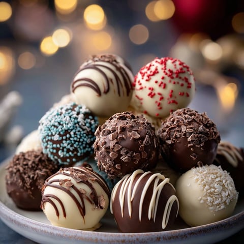 A plate of chocolate and white balls.