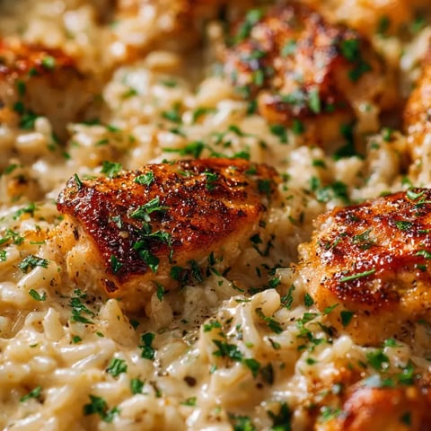 A plate of rice with chicken and herbs.