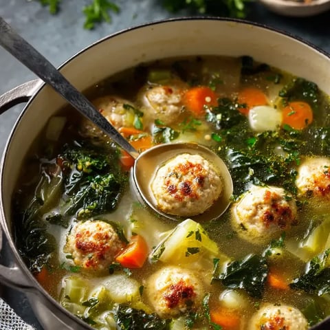 A bowl of soup with meatballs and vegetables.