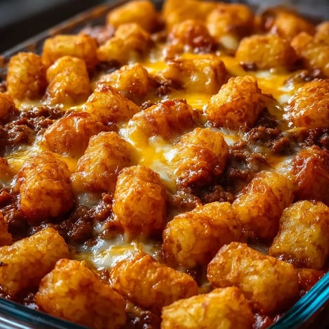A dish of tater tots with cheese and meat.