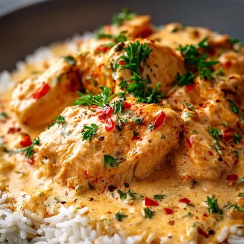 A dish of rice and meat with red peppers.
