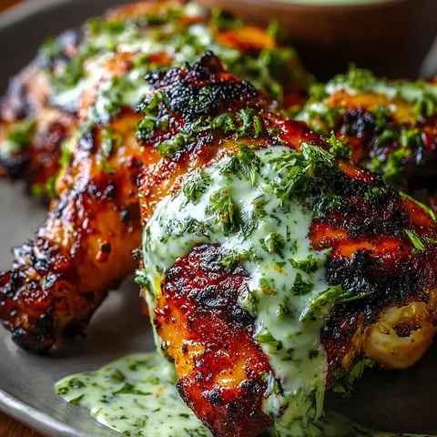 Chicken with sauce and herbs.