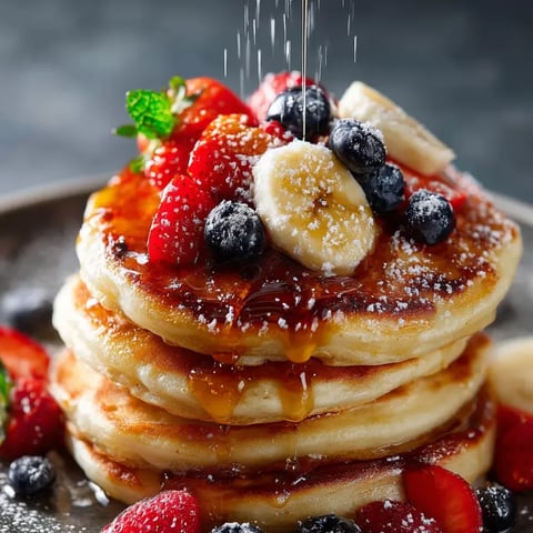 A stack of pancakes with strawberries and bananas on top.