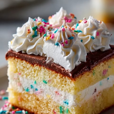 A slice of cake with white frosting and sprinkles.