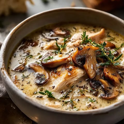 A bowl of soup with mushrooms and herbs.