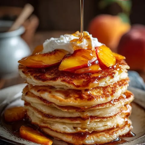 A stack of pancakes with peaches on top.