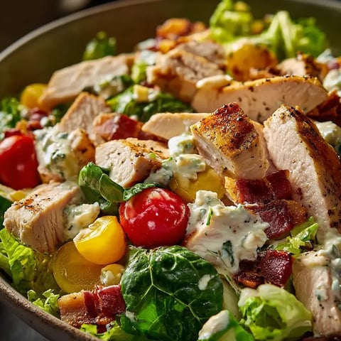 A bowl of salad with chicken, tomatoes, lettuce, and blue cheese.