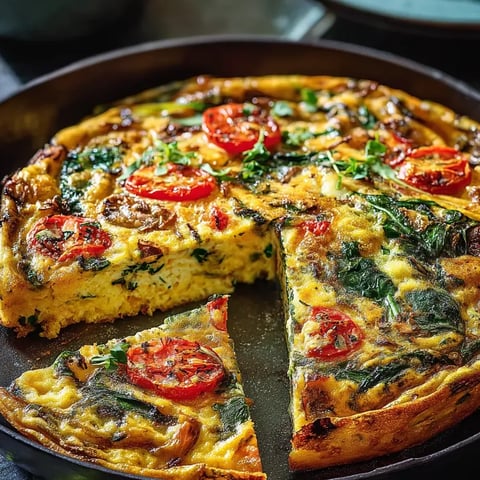 A slice of quiche with tomatoes and spinach.