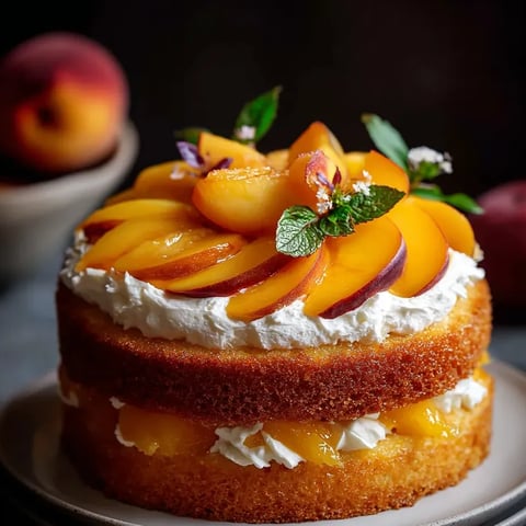 A cake with peaches and whipped cream on top.