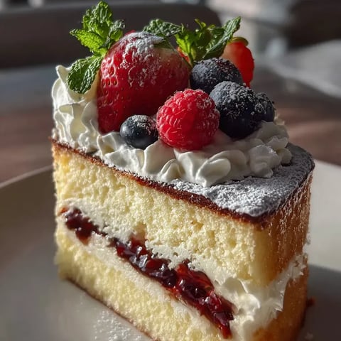 A slice of cake with strawberries and blueberries on top.
