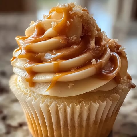 A cupcake with caramel frosting.
