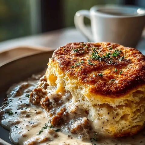 A plate of food with a biscuit on top.