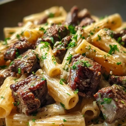 A plate of pasta with meat and herbs.