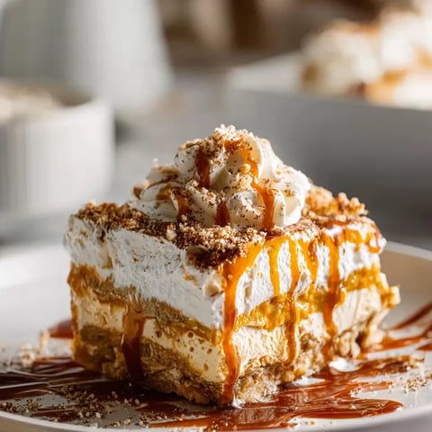 A slice of cake with caramel sauce drizzled on top.