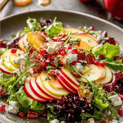 A plate of food with a salad and apples.