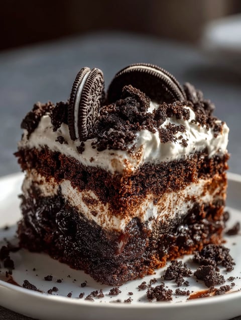 A slice of Oreo Dump Cake.