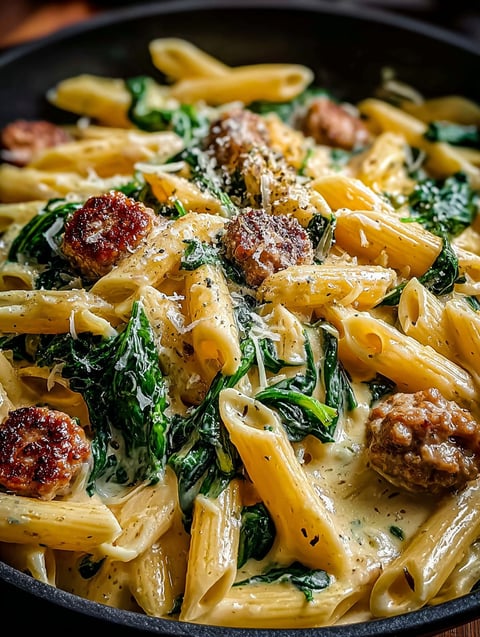 A delicious one-pan creamy penne with spinach and Italian sausage.