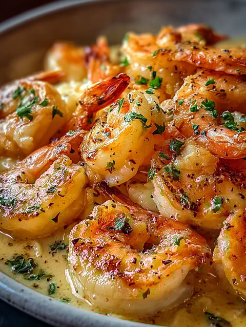 A plate of shrimp scampi with a white sauce.