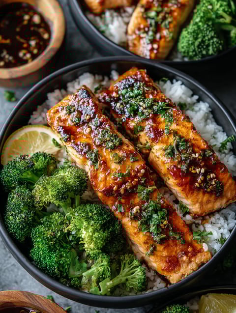 A bowl of food with salmon, broccoli, and rice.