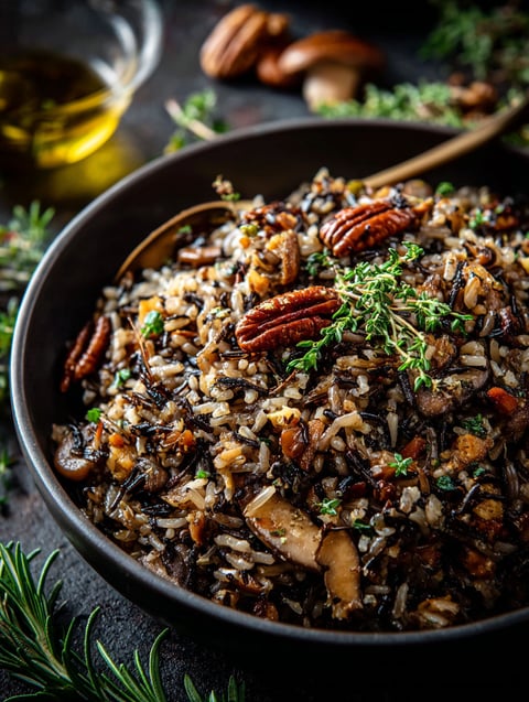 A bowl of rice and mushrooms.