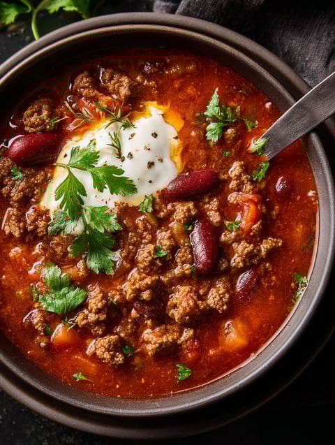 A bowl of chili-style ground beef soup.