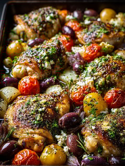 A delicious Greek-inspired sheet pan chicken.