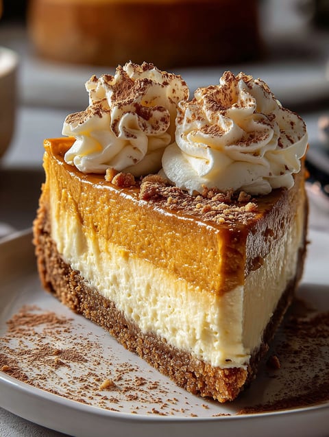 A slice of pumpkin pie cheesecake with whipped cream on top.