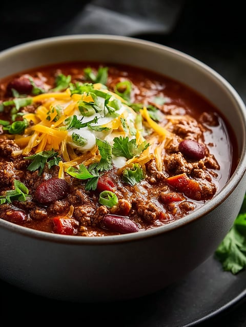 A bowl of chili with cheese and chives on top.