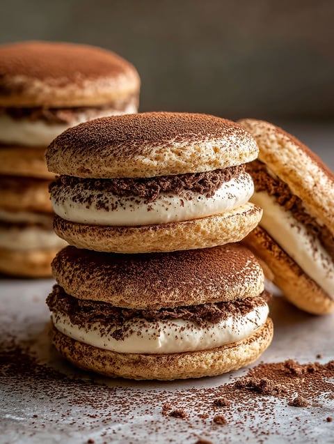 Tiramisu cookies stacked on top of each other.