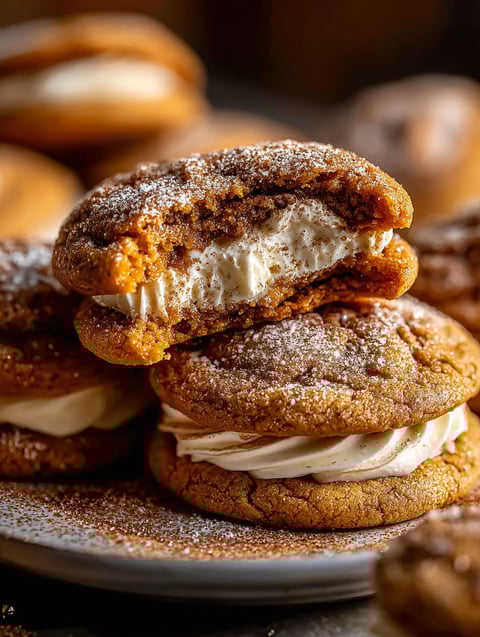Pumpkin cheesecake cookies with white icing.