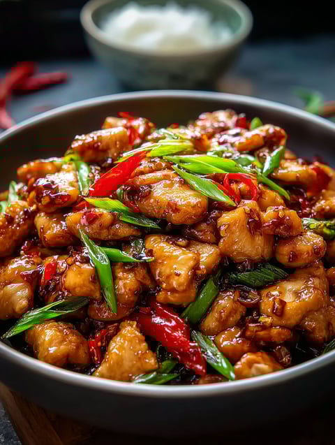 A bowl of stir-fried Chinese garlic chicken.