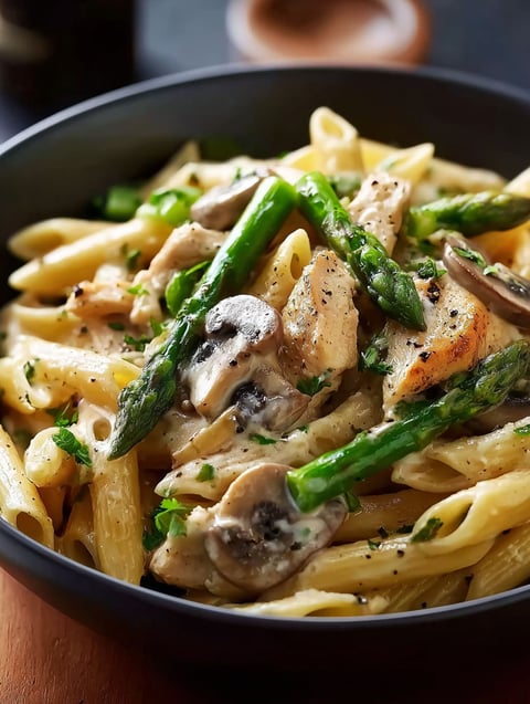 A bowl of creamy mushroom and asparagus chicken penne.