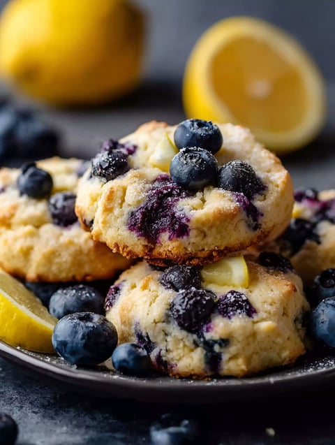 A plate of blueberry cheesecake cookies with lemon wedges on top.