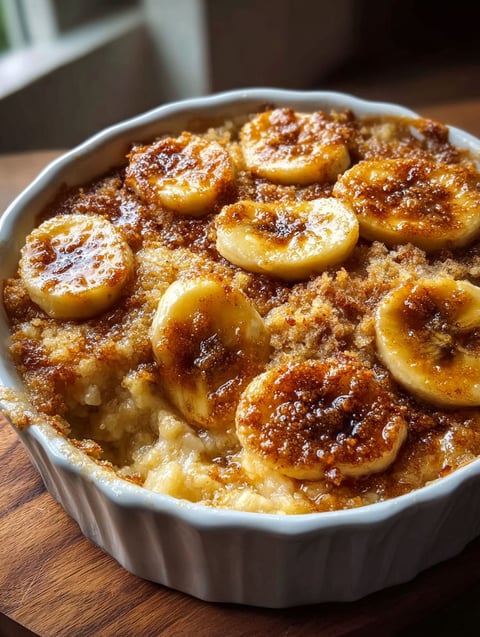 A close up of a banana cobbler with bananas and a crumb topping.