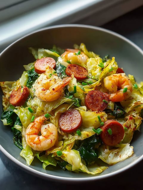 A bowl of food with shrimp, sausage, and cabbage.