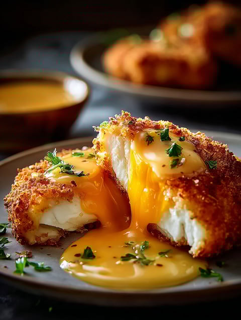 A plate of crispy cheddar chicken with sauce.