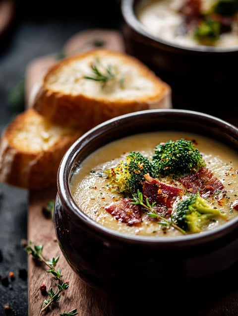 A bowl of cheddar broccoli soup with a piece of bread on the side.