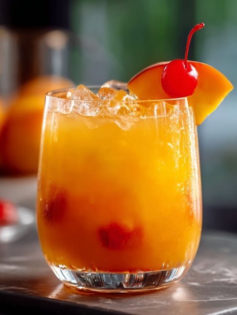 A glass of peach tequila sunrise punch.