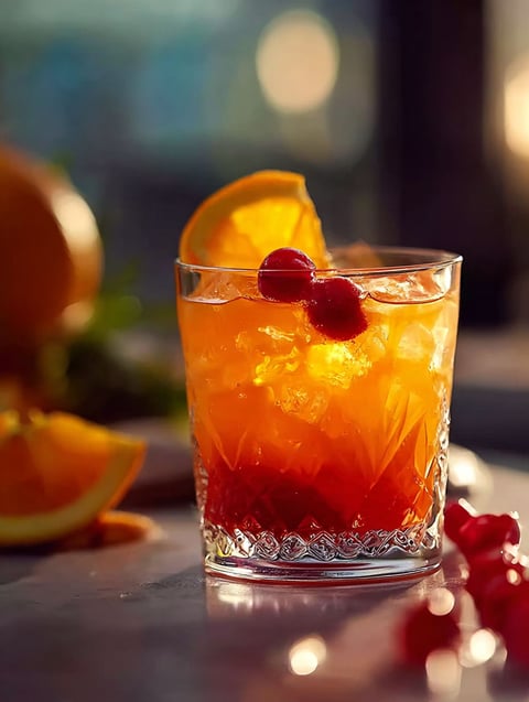 A glass of Tequila Sunset with a slice of orange and a cherry on top.