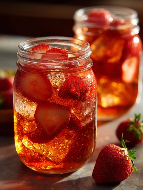 A glass of strawberry lemonade with strawberries in it.