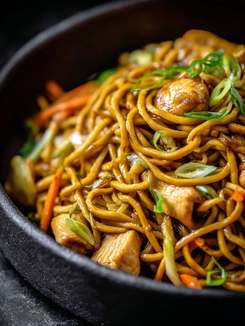 A bowl of lo mein noodles with chicken and vegetables.