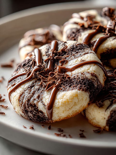 A plate of chocolate marshmallow swirl cookies.