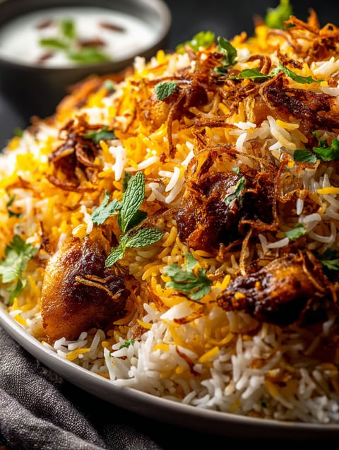A plate of rice with meat and vegetables.