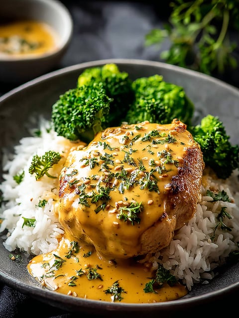 A plate of rice and chicken with a sauce on top.