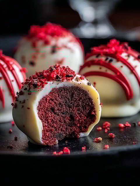 Red velvet cake pops on a black plate.