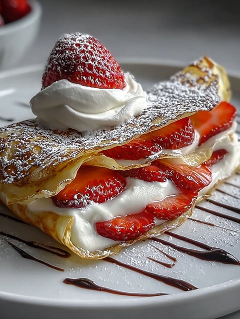 A creamy strawberry crepe with whipped cream and strawberries on top.