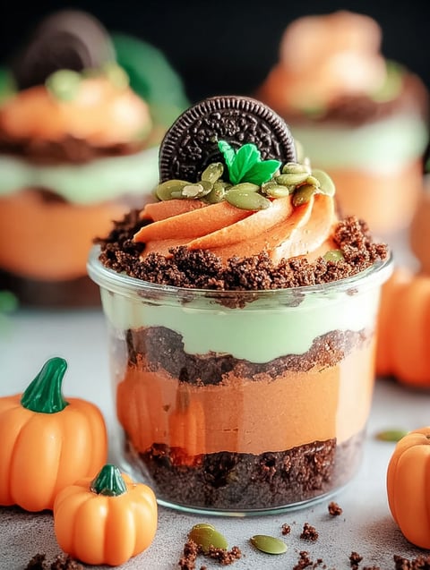 A cup of pumpkin dessert with a cookie crumb topping.