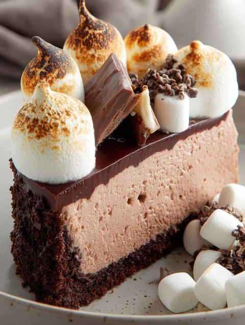 A slice of hot chocolate cheesecake with marshmallows on top.