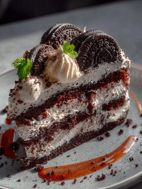 A slice of cookies and cream cake.