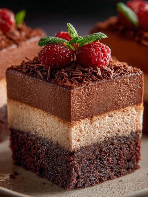 A slice of chocolate mousse brownies with raspberries on top.